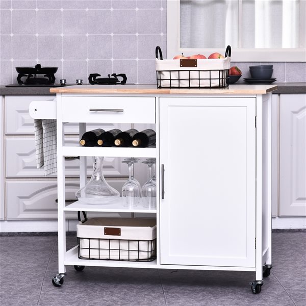 Chariot de cuisine HomCom avec base en bois blanc et dessus en bois d'hévéa de 17,72 po x 41,34 po x 35,04 po