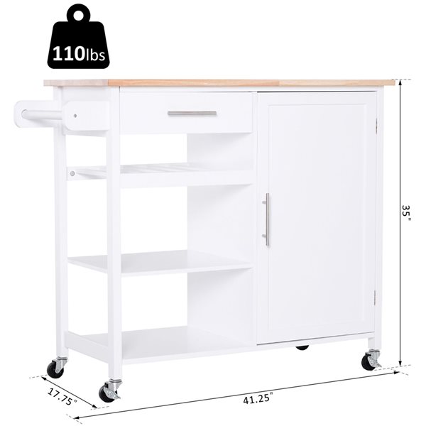 Chariot de cuisine HomCom avec base en bois blanc et dessus en bois d'hévéa de 17,72 po x 41,34 po x 35,04 po