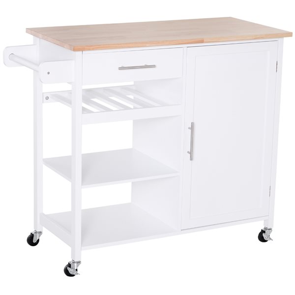 Chariot de cuisine HomCom avec base en bois blanc et dessus en bois d'hévéa de 17,72 po x 41,34 po x 35,04 po