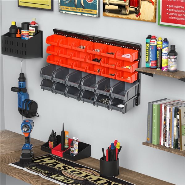 DURHAND 30-Compartment Grey/Red Plastic Wall Mount Small Parts Organizer