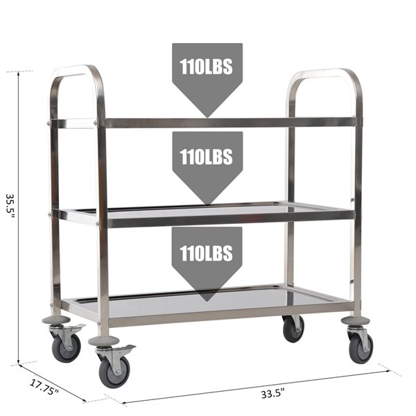 HomCom Stainless Steel Base with Stainless Steel Top Kitchen Cart - 17.72-in x 33.46-in x 35.43-in