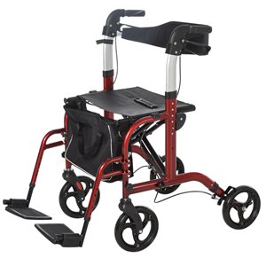 HomCom Dark Red Padded Foldable 2-in-1 Rollator with Storage Bag