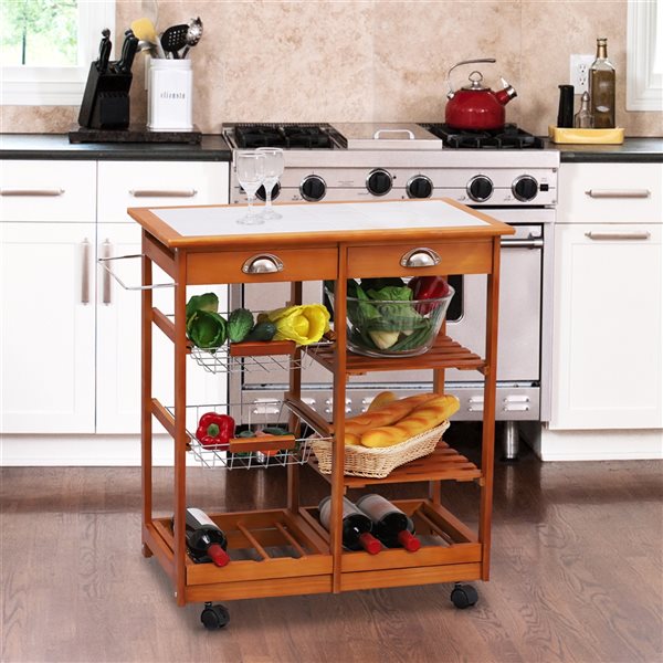 HomCom Brown Wood Base with Tile Top Kitchen Cart - 14.57-in x 29.13-in x 29.92-in