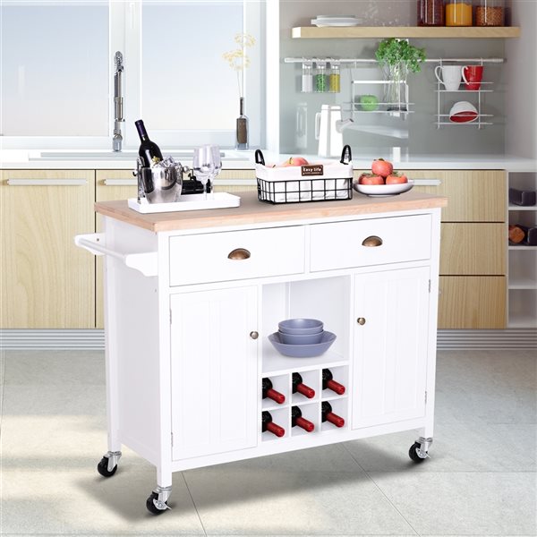 Chariot de cuisine HomCom avec base en bois blanc et dessus en bois d'hévéa de 17,72 po x 44,49 po x 35,04 po