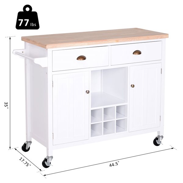 Chariot de cuisine HomCom avec base en bois blanc et dessus en bois d'hévéa de 17,72 po x 44,49 po x 35,04 po