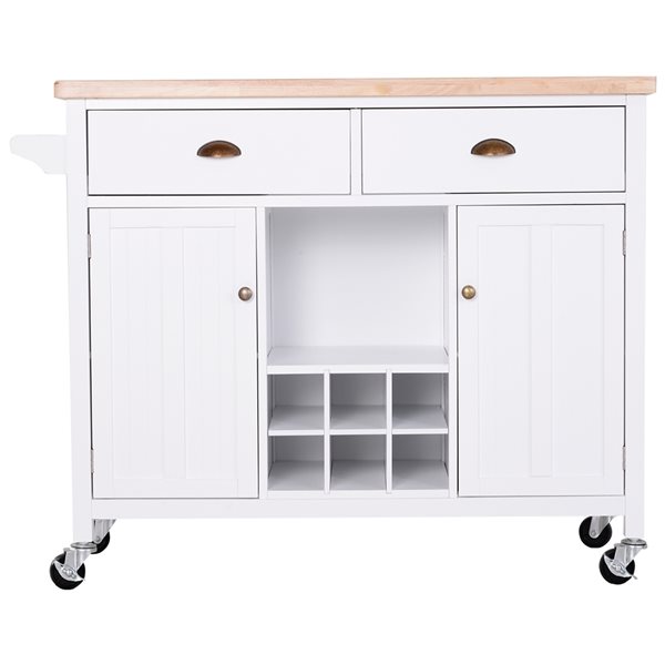 Chariot de cuisine HomCom avec base en bois blanc et dessus en bois d'hévéa de 17,72 po x 44,49 po x 35,04 po