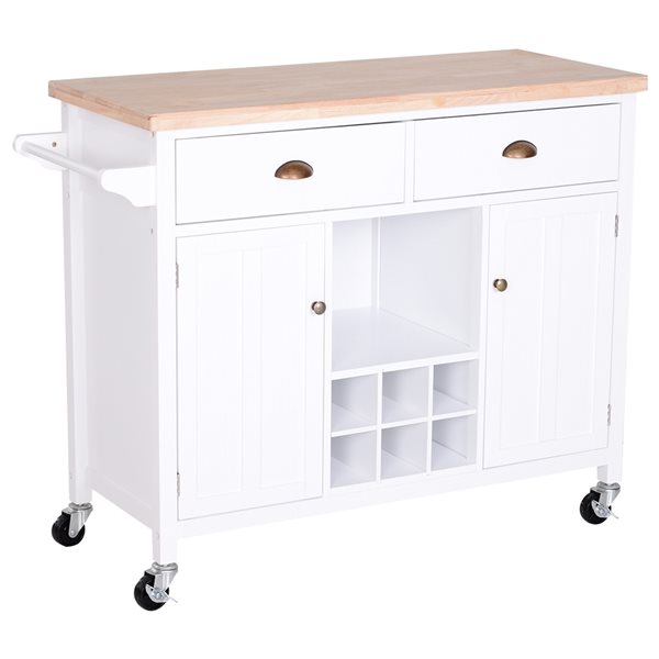 Chariot de cuisine HomCom avec base en bois blanc et dessus en bois d'hévéa de 17,72 po x 44,49 po x 35,04 po