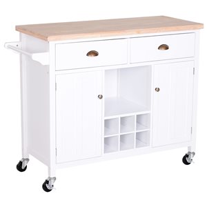 HomCom White Wood Base with Rubberwood Top Kitchen Cart - 17.72-in x 44.49-in x 35.04-in