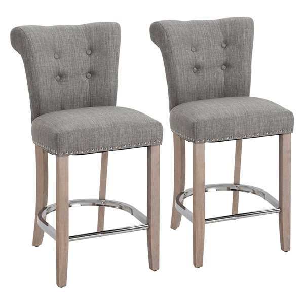 Homcom Grey Linen Classic Upholstered, Grey Fabric Bar Stools Oak Legs