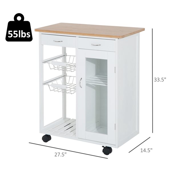 HomCom White Wood Base with Bamboo Wood Top Kitchen Cart - 14.57-in x 27.56-in x 33.46-in