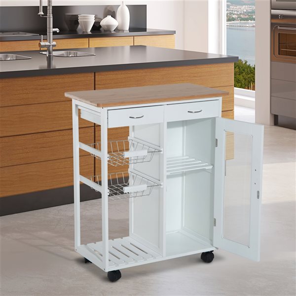 HomCom White Wood Base with Bamboo Wood Top Kitchen Cart - 14.57-in x 27.56-in x 33.46-in