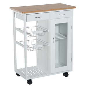 HomCom White Wood Base with Bamboo Wood Top Kitchen Cart - 14.57-in x 27.56-in x 33.46-in