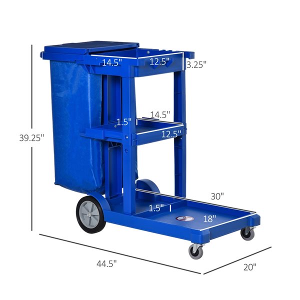 HomCom Blue Polypropylene 3-Tier Janitorial Cart with Casters