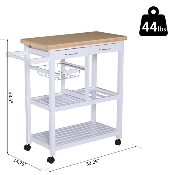 HomCom White Wood Base with Southern Yellow Pine Wood Top Kitchen Cart - 14.65-in x 33.27-in x 33.46-in