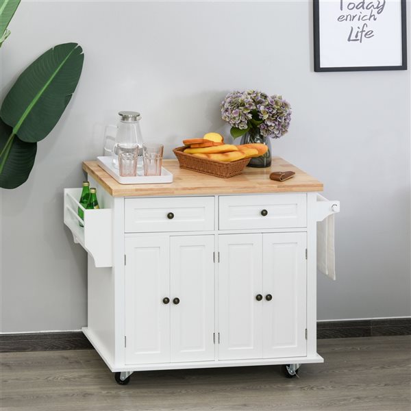 Chariot de cuisine HOMCOM avec base en bois blanc et dessus en bois d'hévéa de 17,52 po x 43,7 po x 32,48 po