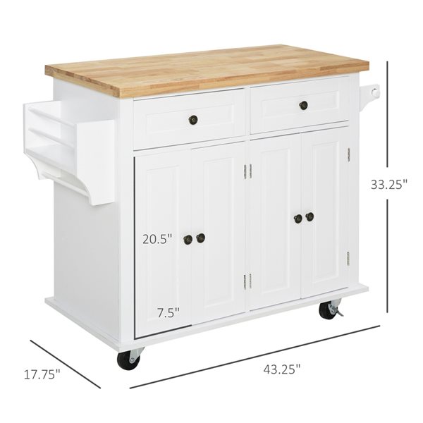 Chariot de cuisine HOMCOM avec base en bois blanc et dessus en bois d'hévéa de 17,52 po x 43,7 po x 32,48 po