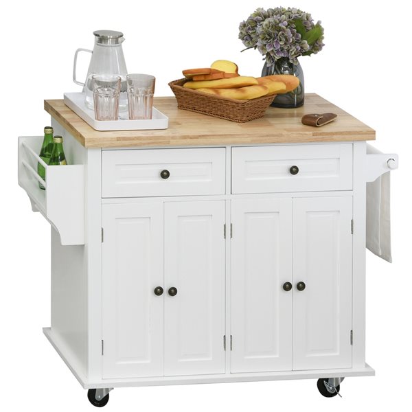 Chariot de cuisine HOMCOM avec base en bois blanc et dessus en bois d'hévéa de 17,52 po x 43,7 po x 32,48 po