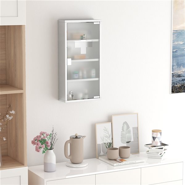 Stainless Steel Silver Corner Mount Medicine Cabinet with 3 Storage Shelf,  Locking Frosted Glass Door and Keys