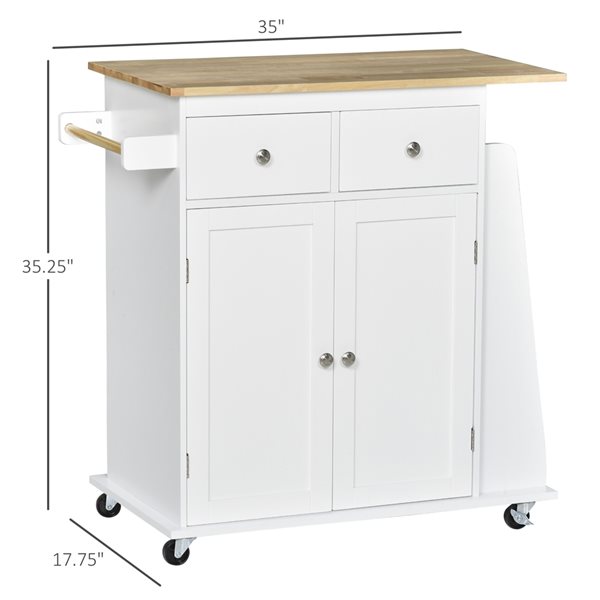 HomCom White Wood Base with Rubberwood Top Kitchen Cart - 17.72-in x 35.04-in x 35.24-in