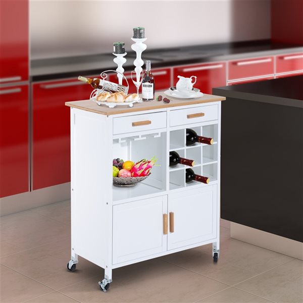 HomCom White Wood Base with Bamboo Wood Top Kitchen Cart - 15.75-in x 29.92-in x 34.65-in