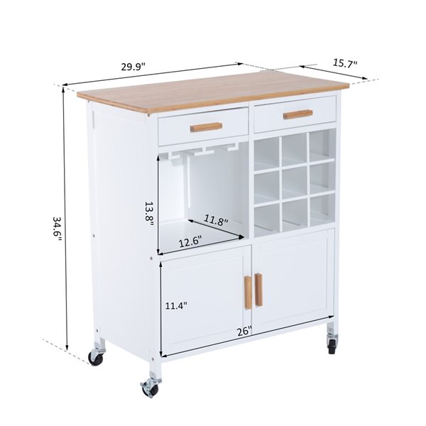 HomCom White Wood Base with Bamboo Wood Top Kitchen Cart - 15.75-in x 29.92-in x 34.65-in