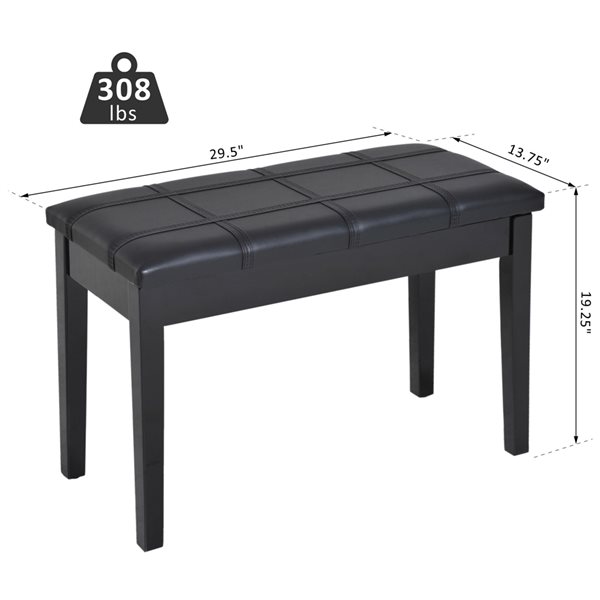 HomCom Modern 2-Person Black Piano Bench with Storage