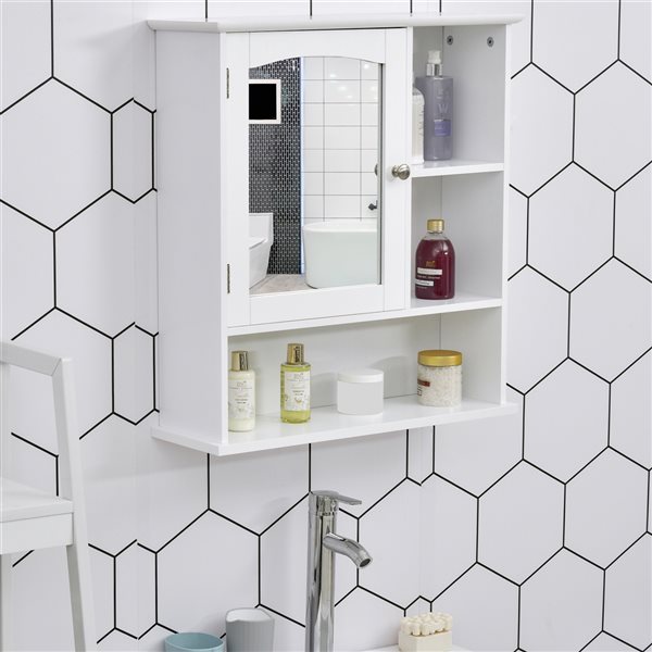 Armoire Salle De Bain Murale 60x19,5x54 Cm Blanc - 2 Portes Verre, étagère Réglable - Pour Salle De Bain, Cuisine, Chambre