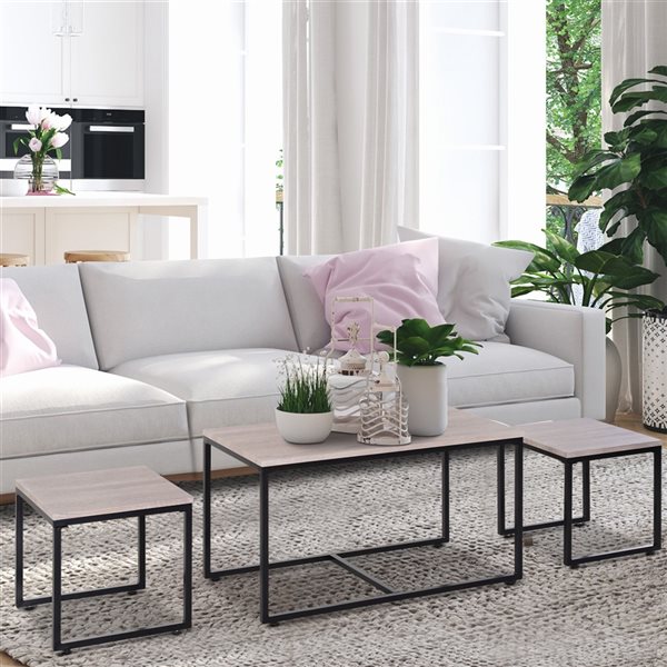 HOMCOM 3-Piece Black/Natural Wood Grain Accent Table Set