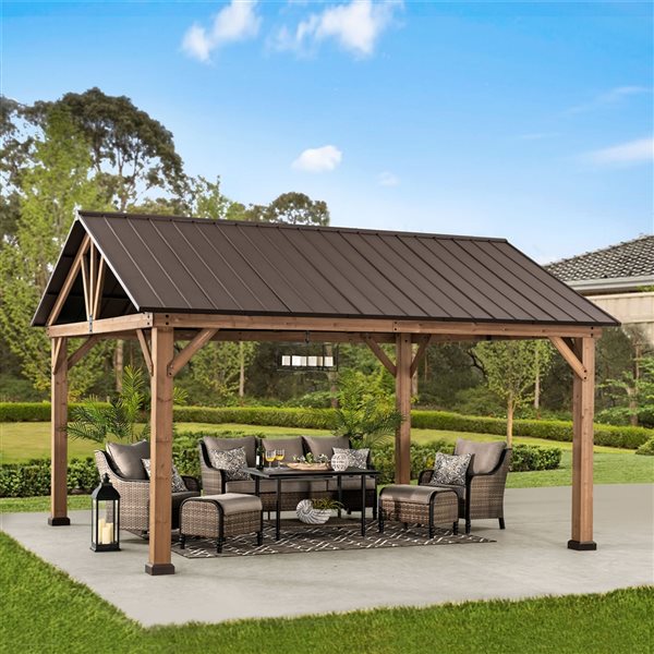 Sunjoy Brown Cedar Rectangle Permanent Gazebo with Steel Roof (Exterior: 14-ft x 12-ft)