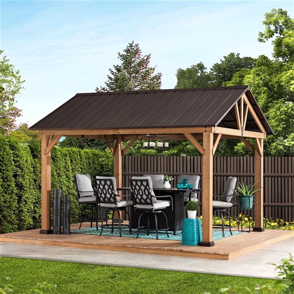 Sunjoy Brown Cedar Rectangle Permanent Gazebo with Steel Roof (Exterior: 12-ft x 10-ft)