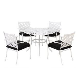 Ensemble de salle à dîner pour le patio Paradise par Sunjoy en aluminium thermolaqué blanc avec coussins noirs, 5 pièces
