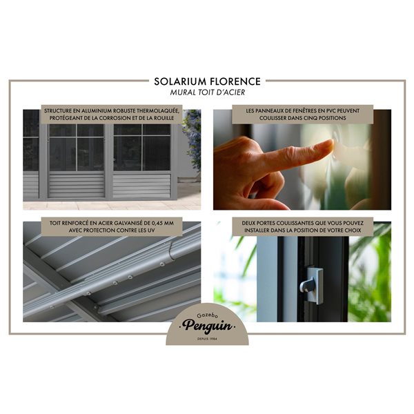 Solarium rectangulaire permanent Florence Add-A-Room par Gazebo Penguin en métal gris de 10 pi x 16 pi avec toit en acier