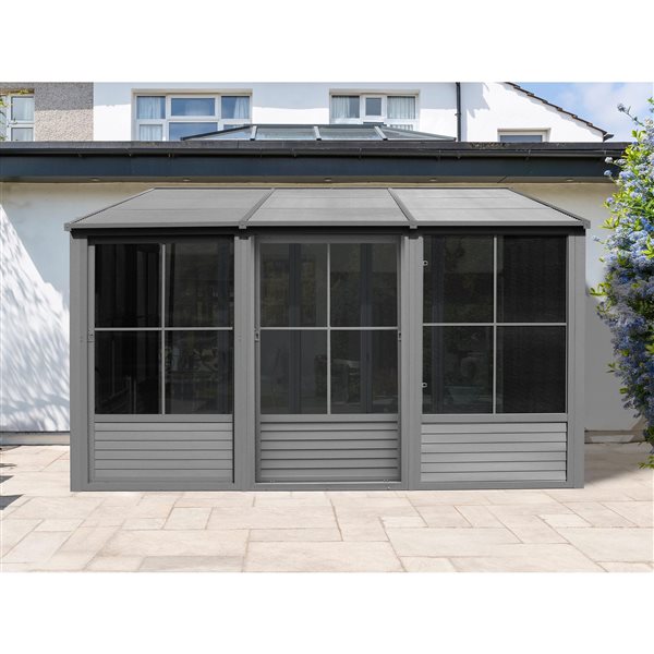 Solarium rectangulaire permanent Florence Add-A-Room par Gazebo Penguin en métal gris de 10 pi x 16 pi avec toit en acier