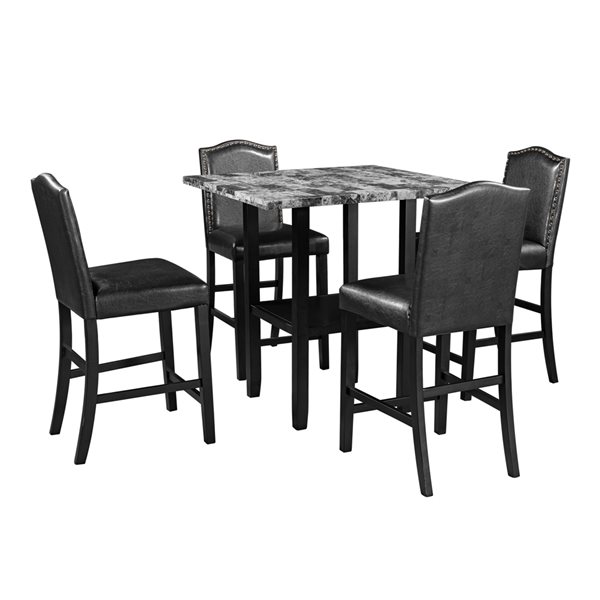 CASAINC 5-Pieces Square 35-in L Marble Finish Wood Dining Set with Black Chairs and Bottom Shelf