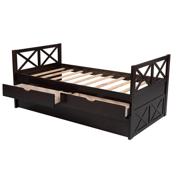 CASAINC Espresso Twin Daybed with Integrated Storage and Trundle WM ...