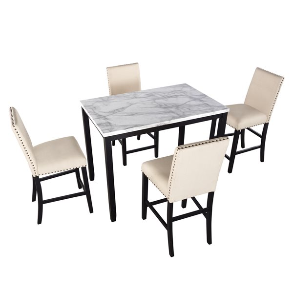 CASAINC 5-Pieces Rectangular 45.5-in L Faux Marble Wood Dining Set with Beige Chairs