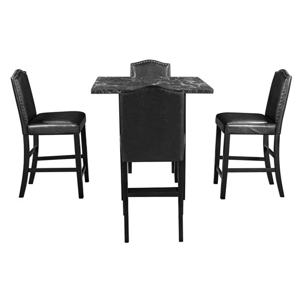 CASAINC 5-Pieces Square 35-in L Black Marble Wood Dining Set with Black Faux Leather Chairs and Bottom Shelf