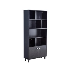 CASAINC Black Wood 7-Shelf Geometric Standard Bookcase with 2-Door