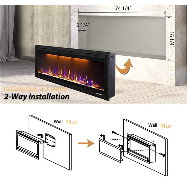 CASAINC 76-in Black LED Electric Wall-Mounted Recessed Fireplace