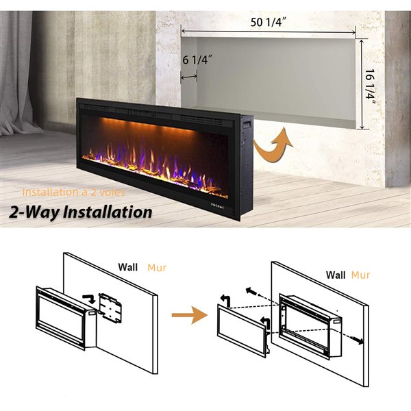 CASAINC 52-in Black LED Electric Wall-Mounted Recessed Fireplace with  Remote Control VL-WF-BI50 | RONA