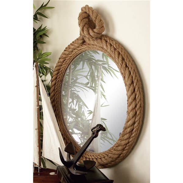 Grayson Lane 34-in x 23-in Round Brown Coastal Framed Wall Mirror