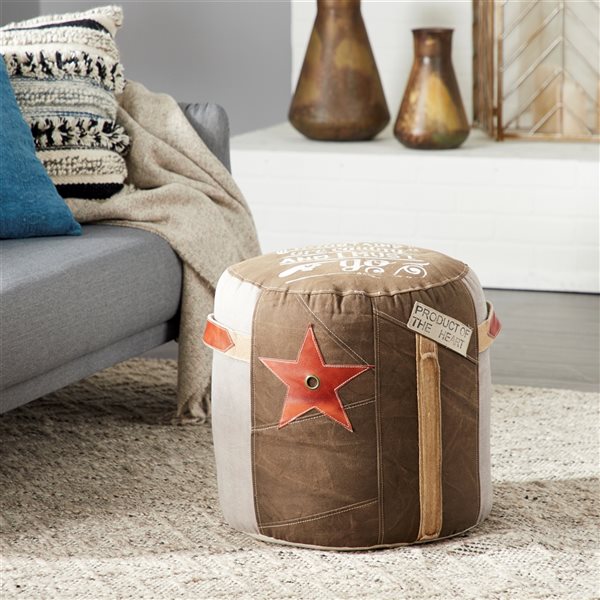 Grayson Lane Rustic Brown Canvas and Leather Round Ottoman