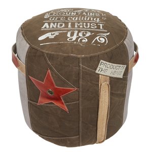 Grayson Lane Rustic Brown Canvas and Leather Round Ottoman