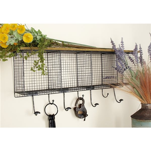 Grayson Lane 32-in x 14-in Black Iron Farmhouse Wall Hook Rack with Shelves