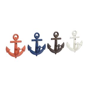 Grayson Lane Coastal Orange/Blue/Black/White Iron Decorative Anchor Screw Wall Hooks - Set of 4