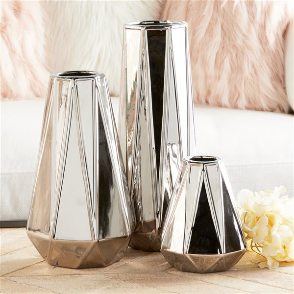 CosmoLiving by Cosmopolitan Silver Glam Stoneware Geometric Vase - Set of 3