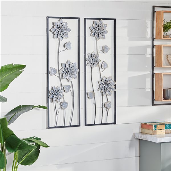 Grayson Lane 36-in H x 12-in W Contemporary Grey Metal Floral Wall Accent - Set of 2