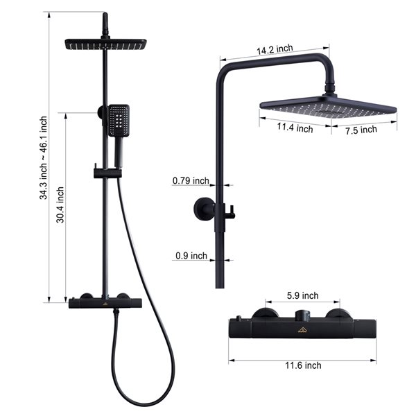 CASAINC Matte Black Rectangular Thermostatic Rain Built-In Shower System