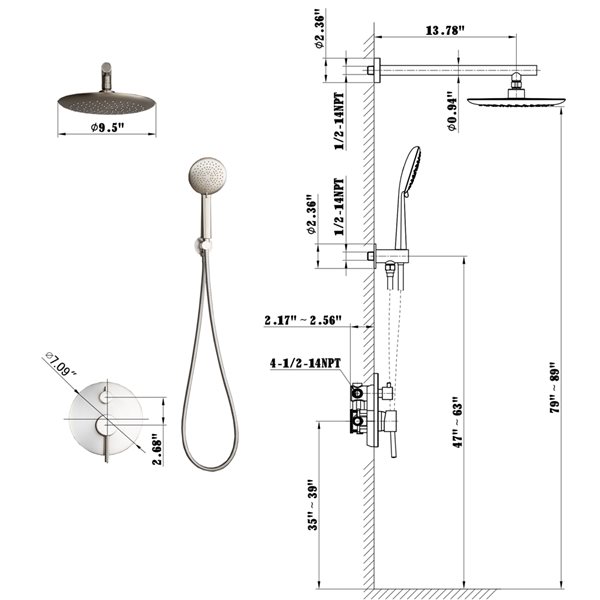 CASAINC Round Brushed Nickel Wall Mount Built-In Shower System with Pressure Balanced Valve