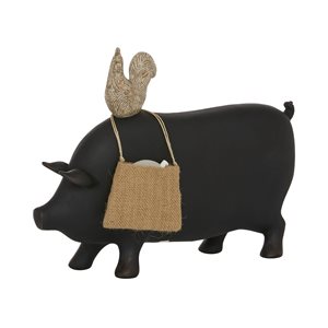 Grayson Lane Farmhouse Black Resin/Stone Pig Blackboard with Burlap Bag and Chicken Sculpture Tabletop Decoration